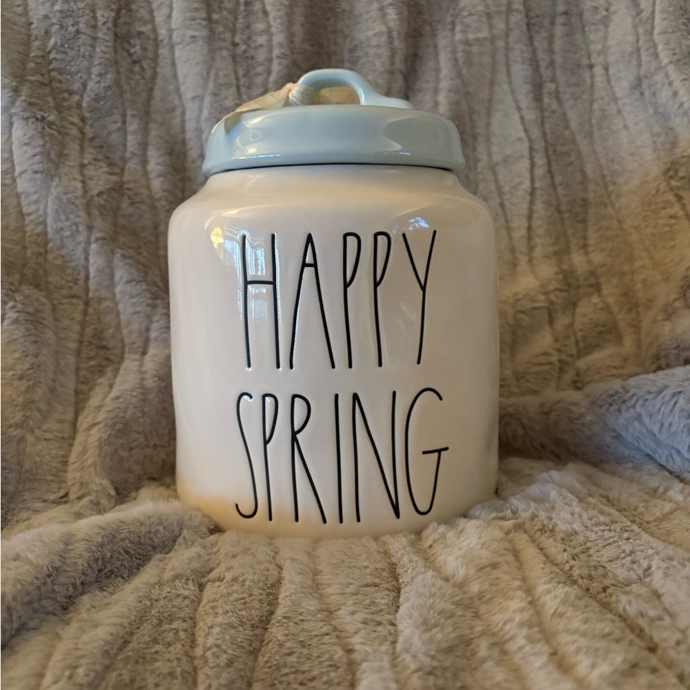 Rae Dunn Happy Spring canister - White and Blue